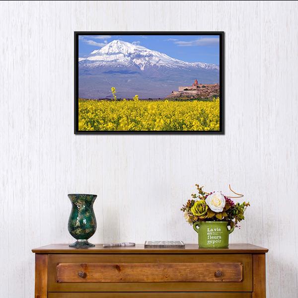 Ararat Mountain with Church and Yellow Field Canvas Wall Art in white, yellow and blue, framed canvas, product view on a white background