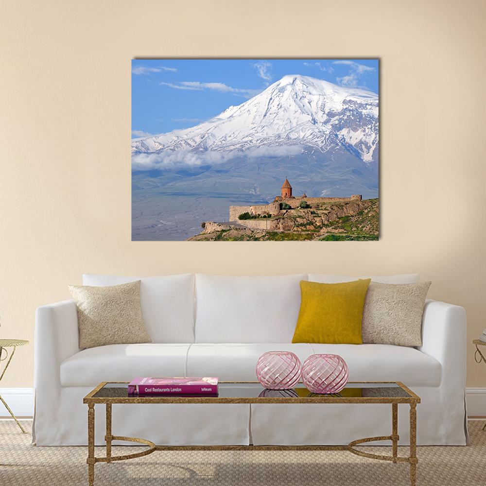 Khor Virap Monastery Canvas Wall Art in white, brown and blue, single panel hung on a wall