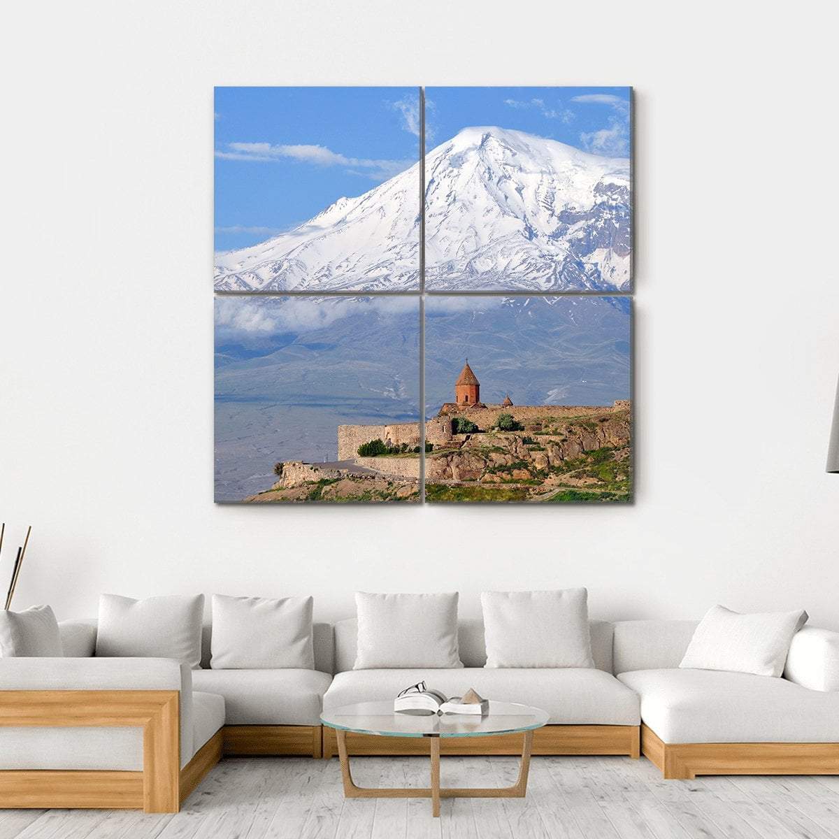 Khor Virap Monastery Canvas Wall Art in white, brown and blue, hung on a wall