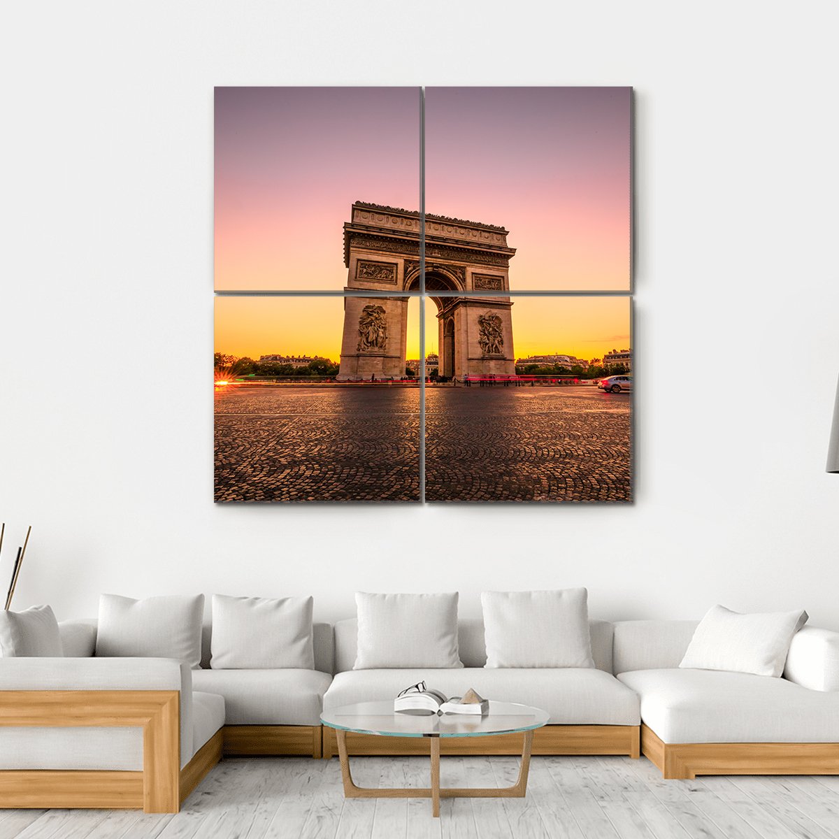 Arc De Triomphe at Golden Hour Canvas Wall Art in orange, yellow and purple, hung on a wall
