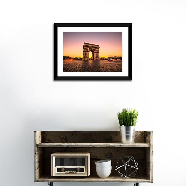 Arc De Triomphe at Golden Hour Canvas Wall Art in orange, yellow and purple, framed print, product view on a white background