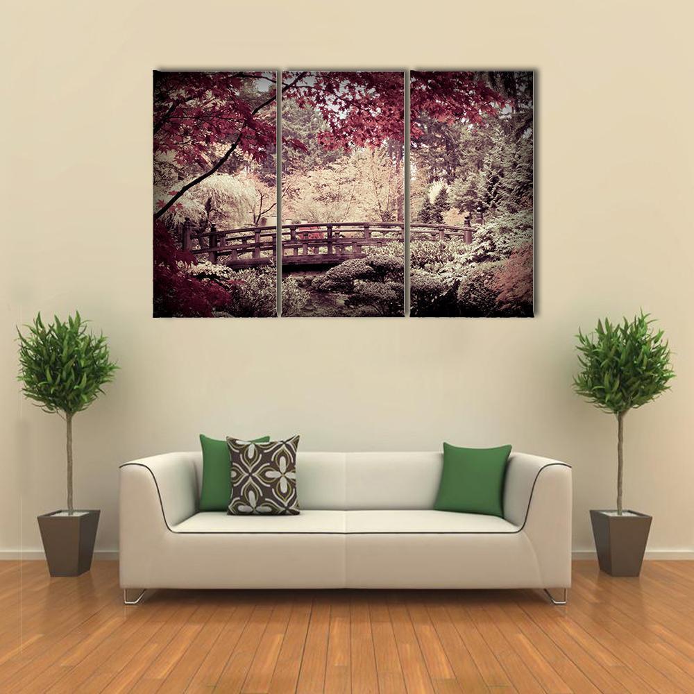 Arched Bridge In Japanese Garden Canvas Wall Art-3 Horizontal-Gallery Wrap-37" x 24"-Tiaracle