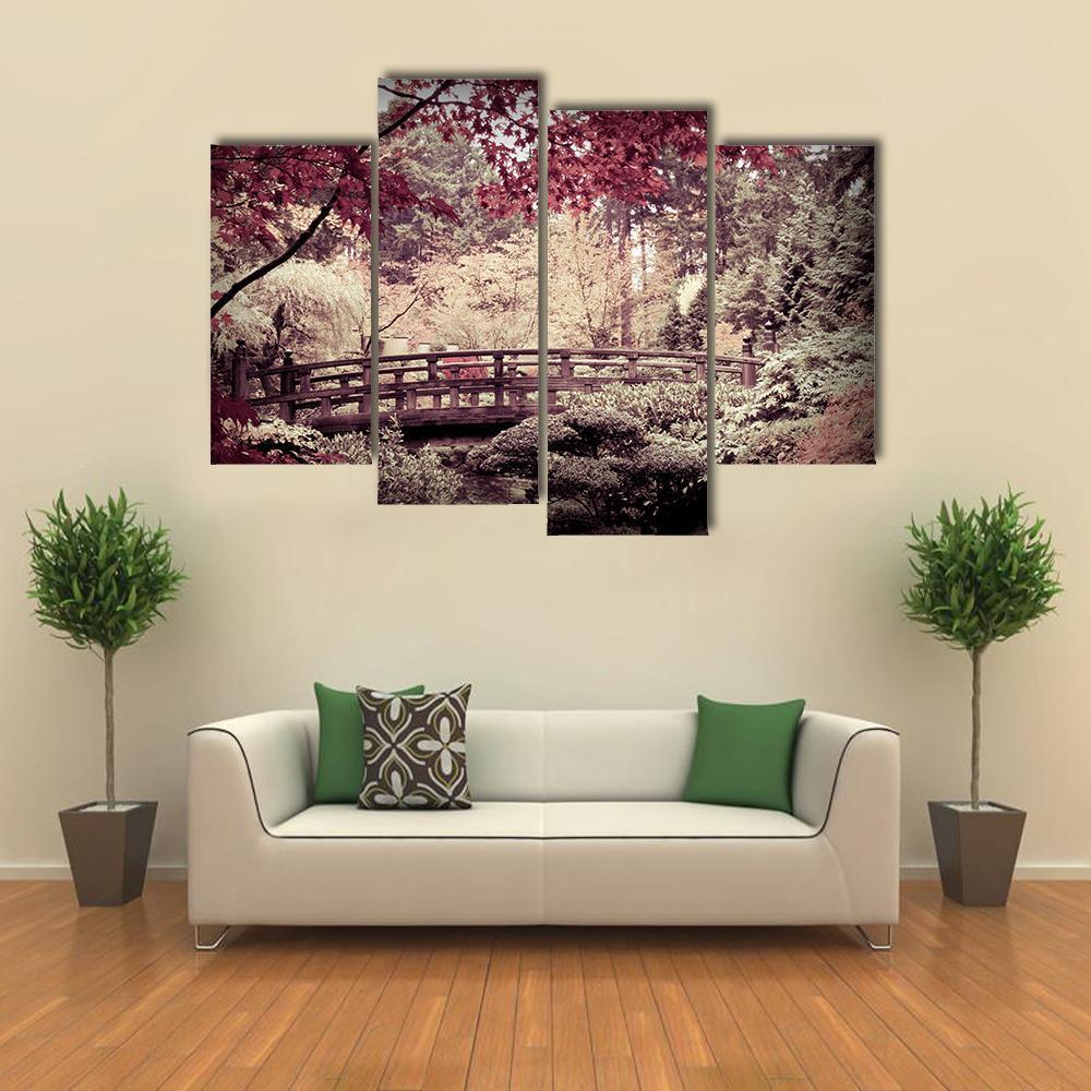 Arched Bridge In Japanese Garden Canvas Wall Art-4 Pop-Gallery Wrap-50" x 32"-Tiaracle