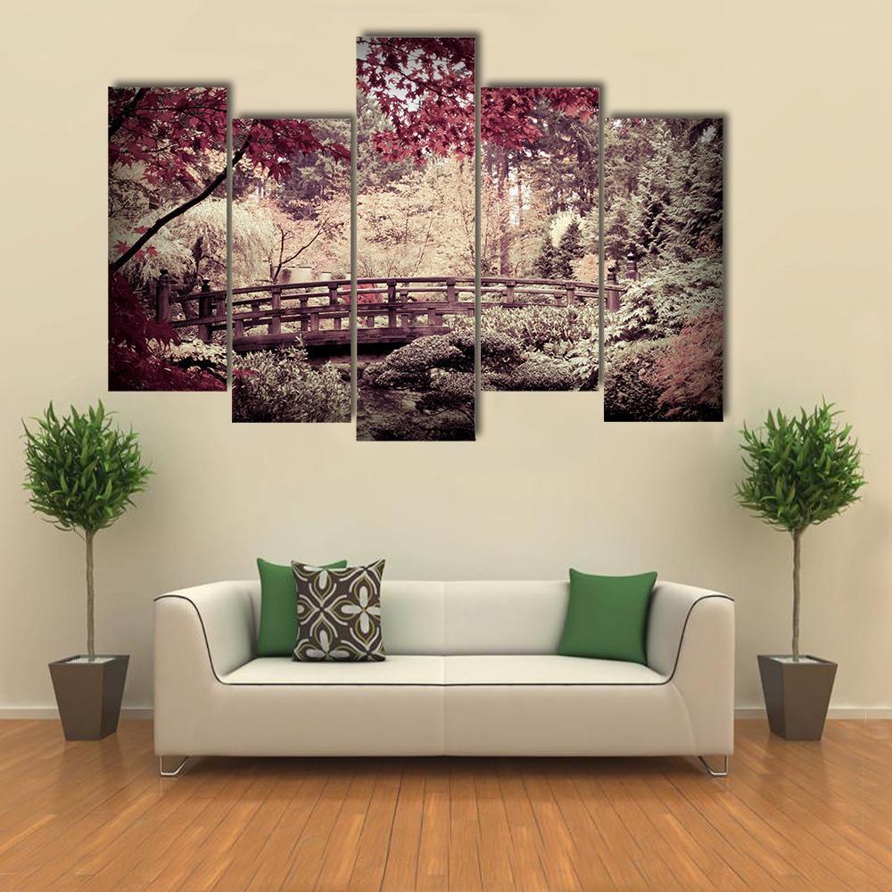 Arched Bridge In Japanese Garden Canvas Wall Art-5 Pop-Gallery Wrap-47" x 32"-Tiaracle