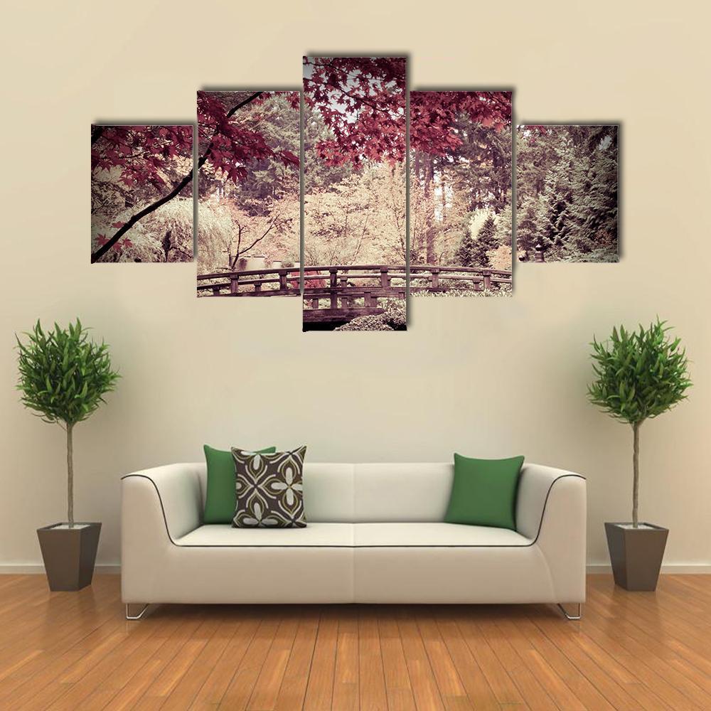 Arched Bridge In Japanese Garden Canvas Wall Art-5 Star-Gallery Wrap-62" x 32"-Tiaracle