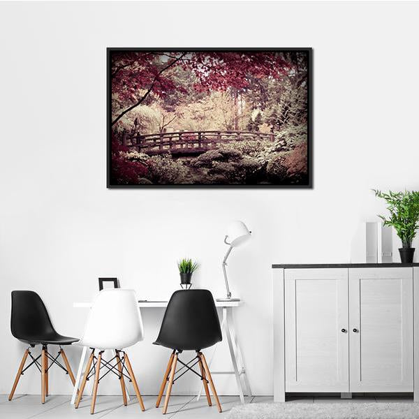 Arched Bridge in Japanese Garden Canvas Wall Art in brown, red and pink, framed canvas, product view on a white background