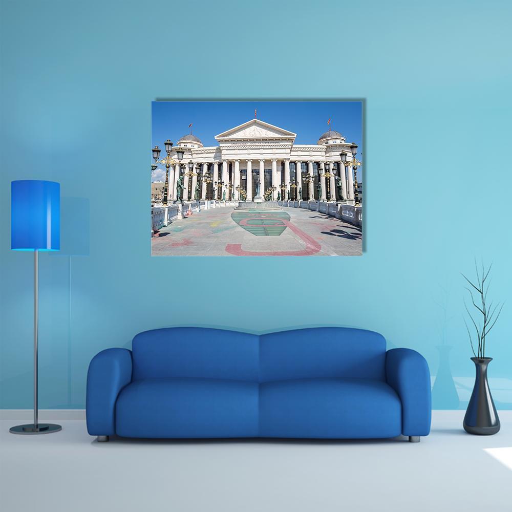Eye Bridge in Skopje Canvas Wall Art in white, gray and blue, single panel hung on a wall