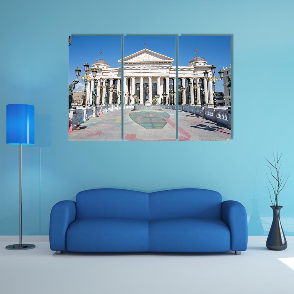 Eye Bridge in Skopje Canvas Wall Art in white, gray and blue, 3 panel horizontal set hung on a wall