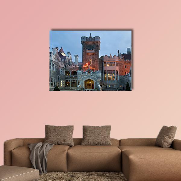 Casa Loma Gothic Architecture Canvas Wall Art in gray, brown and blue, single panel hung on a wall