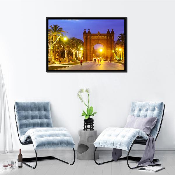 Arco de Triunfo In Evening Spain Canvas Wall Art-5 Horizontal-Gallery Wrap-22" x 12"-Tiaracle