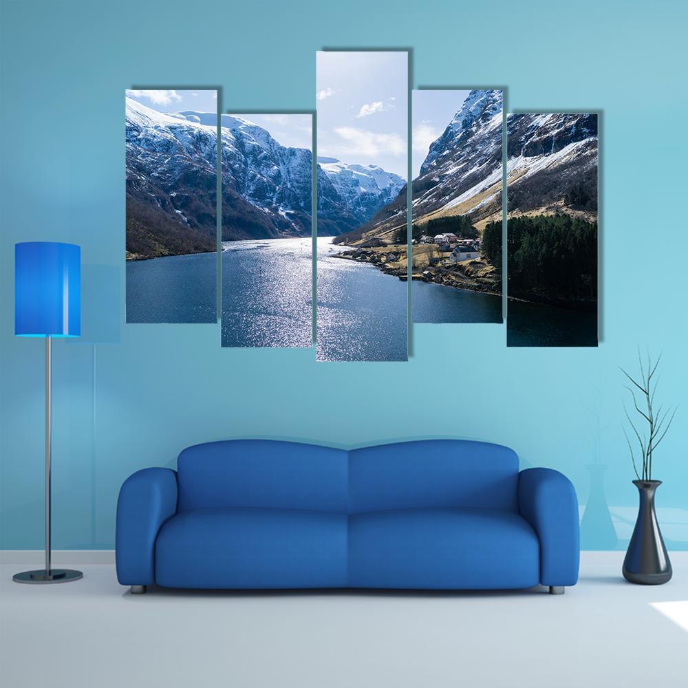 Ardal Fjord Norway Canvas Wall Art-5 Pop-Gallery Wrap-47&quot; x 32&quot;-Tiaracle