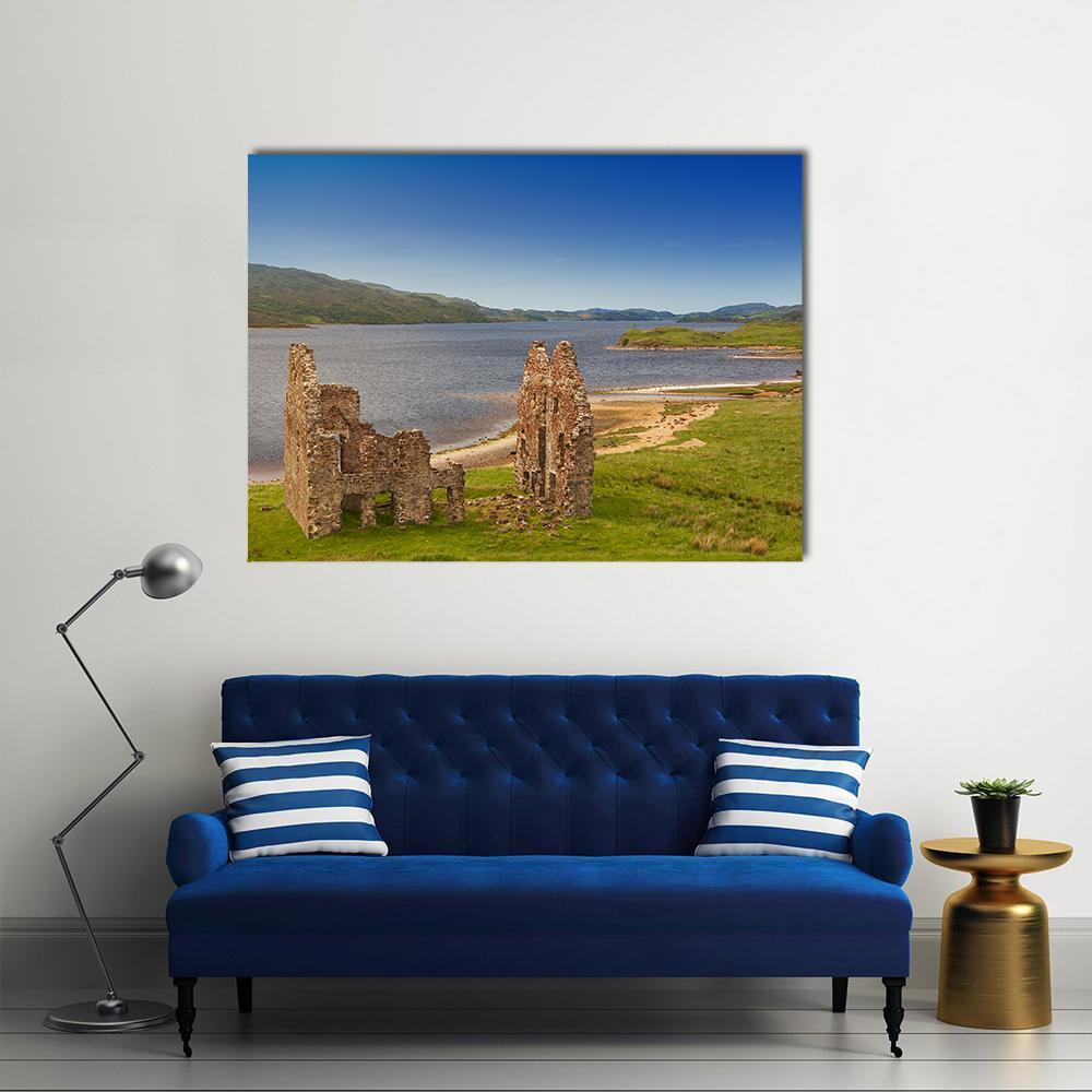 Ardvreck Castle Canvas Wall Art in brown, green and blue, single panel hung on a wall