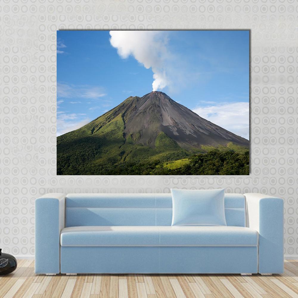 Arenal Volcano Costa Rica Canvas Wall Art in gray, green and blue, single panel hung on a wall