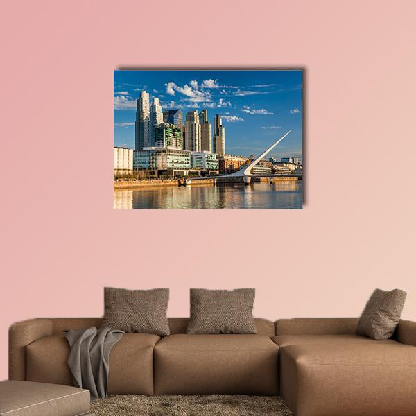 Puerto Madero Skyline, Buenos Aires Canvas Wall Art in white, beige and blue, single panel hung on a wall