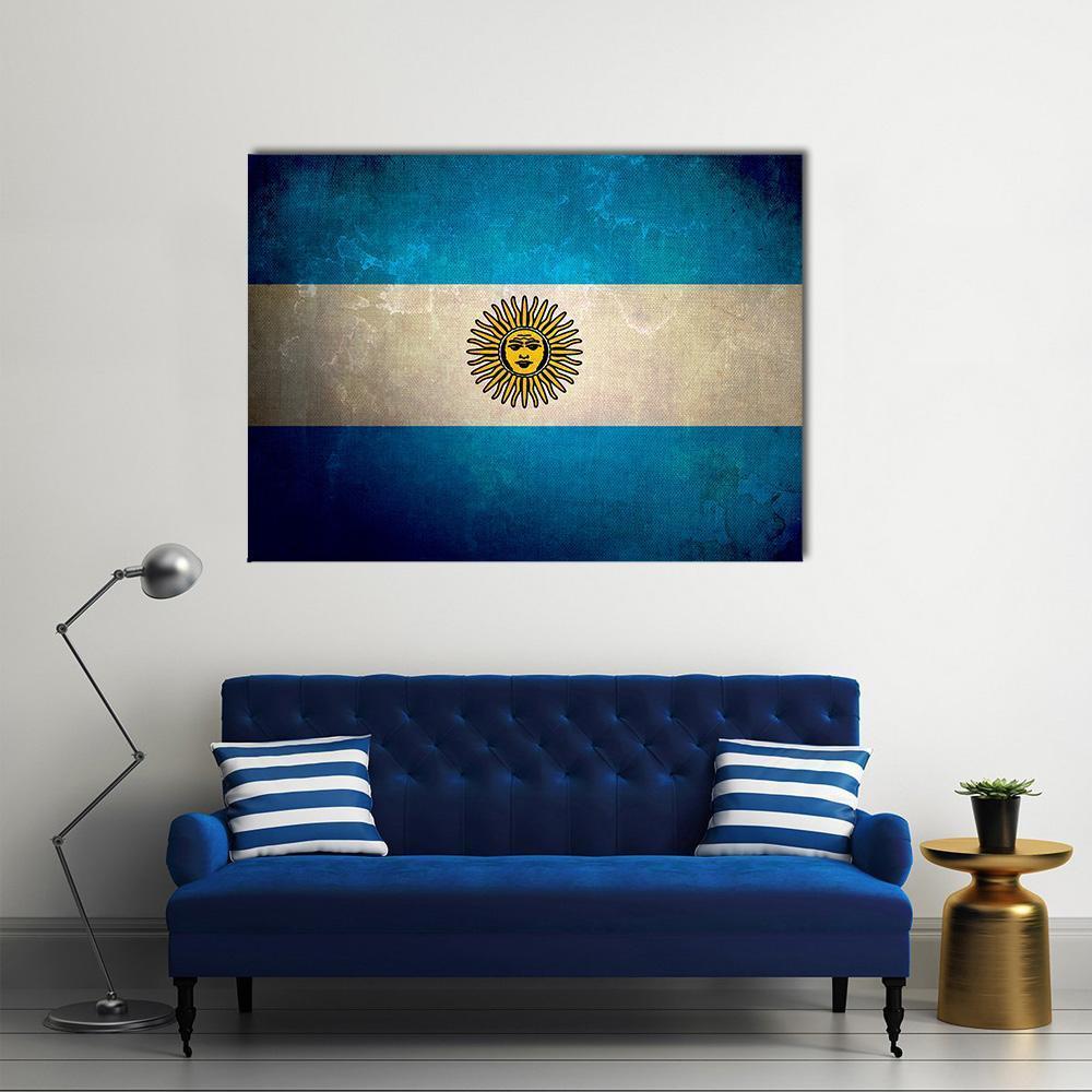 Grunge Argentina Flag with Sun of May Canvas Wall Art in white, yellow and blue, single panel hung on a wall