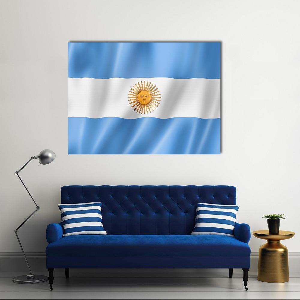 Waving Argentina Flag Canvas Wall Art in white, yellow and blue, single panel hung on a wall