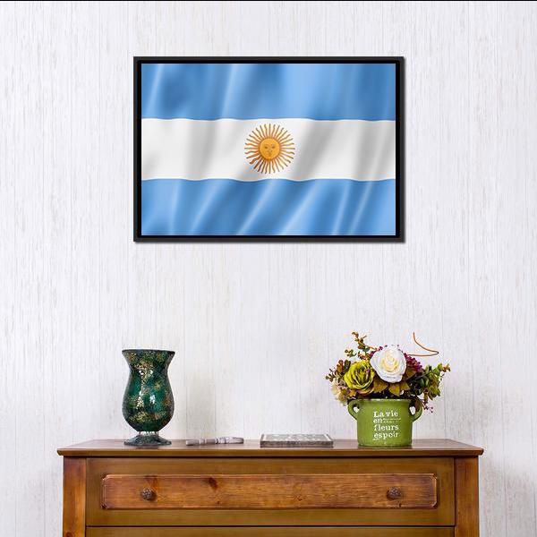 Waving Argentina Flag Canvas Wall Art in white, yellow and blue, framed canvas, product view on a white background