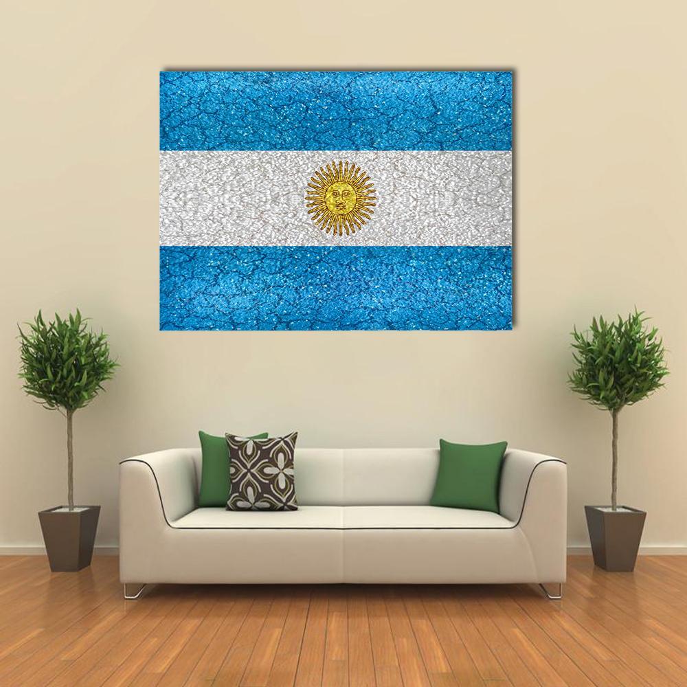 Argentina Flag with Sun of May Emblem Canvas Wall Art in white, gold and blue, single panel hung on a wall