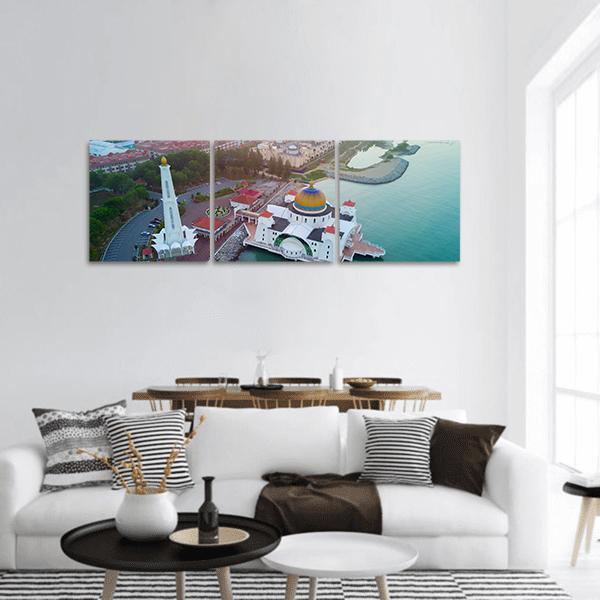 Malacca Straits Mosque Panoramic Canvas Wall Art-3 Piece-25" x 08"-Tiaracle