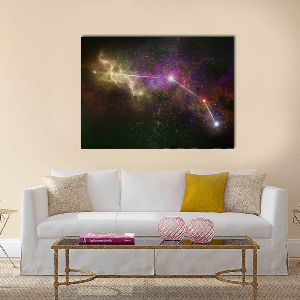 Aries Constellation Canvas Wall Art in black, purple and multicolor, single panel hung on a wall