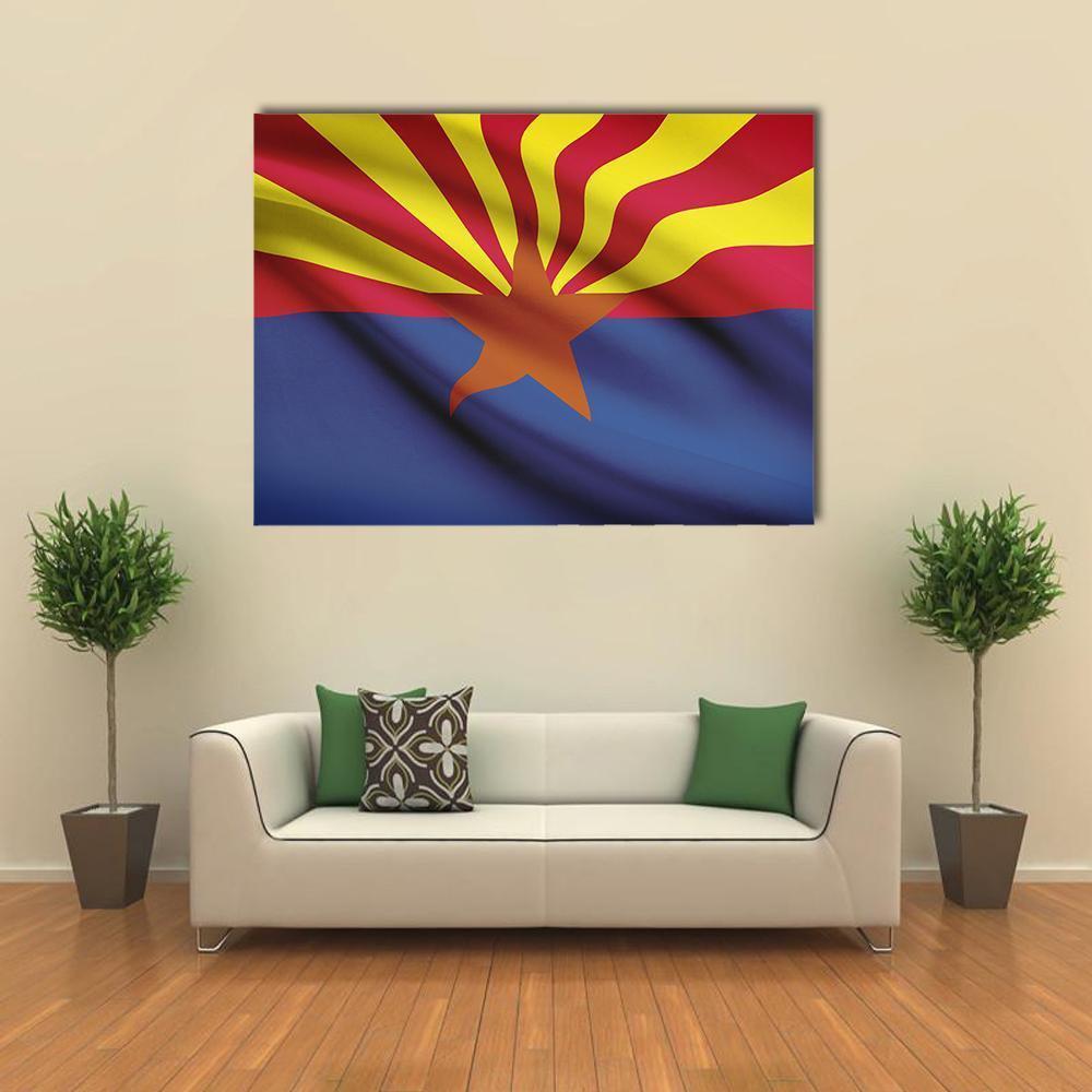 Waving Arizona Flag Canvas Wall Art in red, yellow and blue, single panel hung on a wall