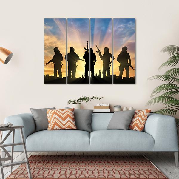 Armed Terrorists Near The City At Sunset Canvas Wall Art-4 Horizontal-Gallery Wrap-34" x 24"-Tiaracle