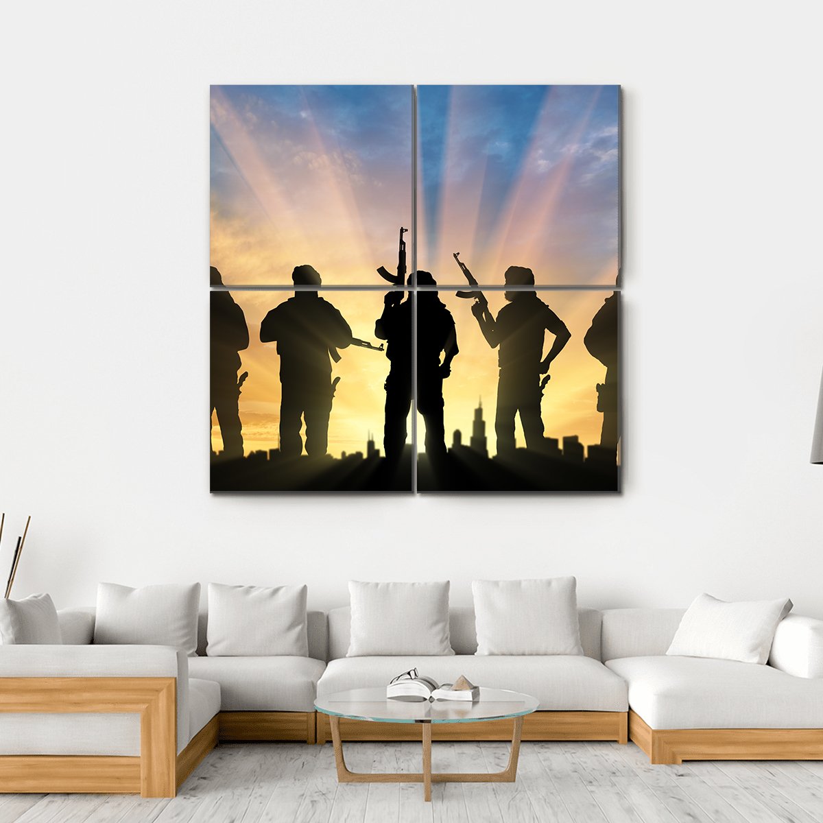 Armed Terrorists Near The City At Sunset Canvas Wall Art-4 Square-Gallery Wrap-17" x 17"-Tiaracle