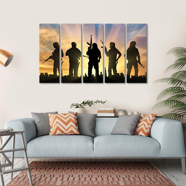 Armed Terrorists Near The City At Sunset Canvas Wall Art-5 Horizontal-Gallery Wrap-22" x 12"-Tiaracle