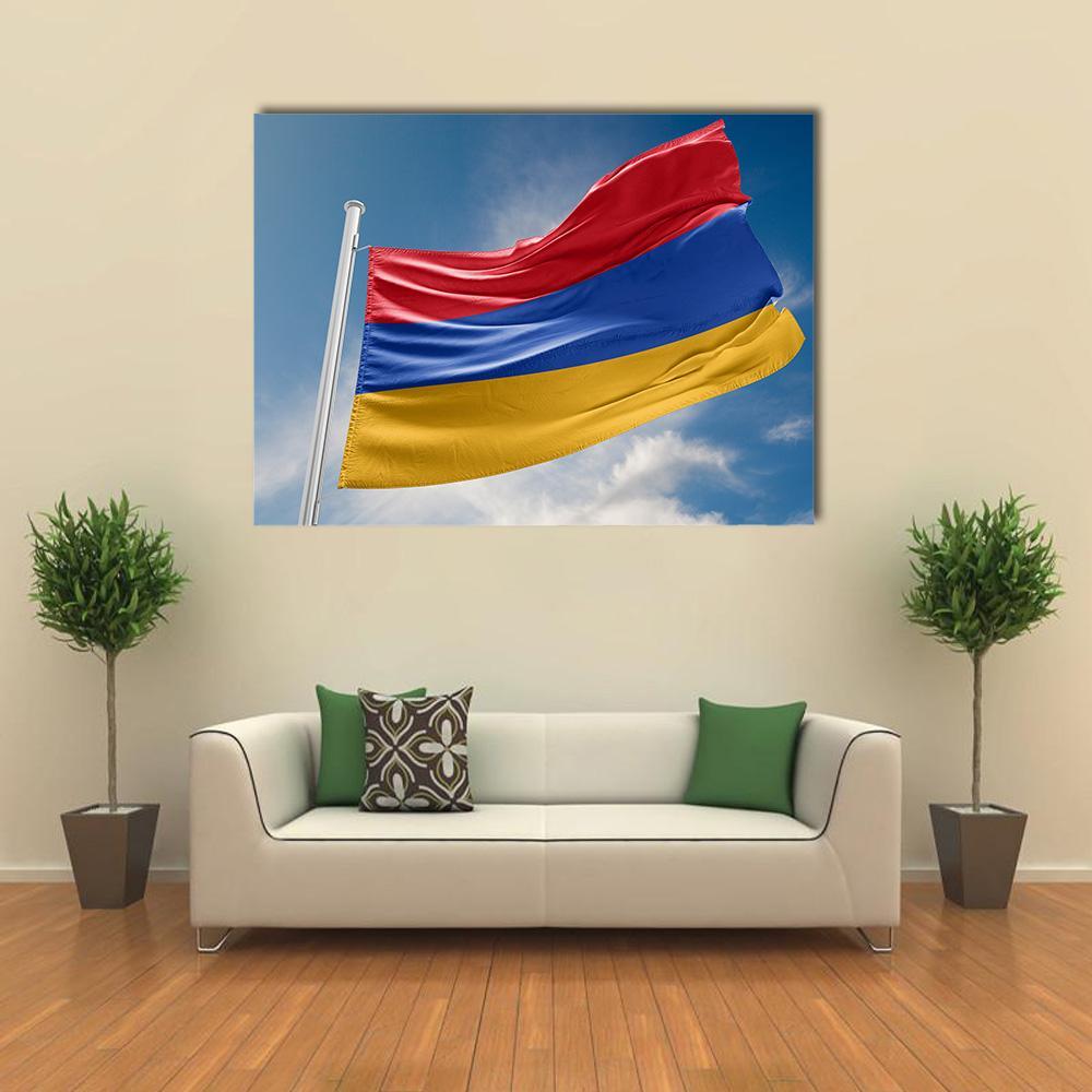 Armenian Flag on Silver Pole Canvas Wall Art in red, yellow and blue, single panel hung on a wall