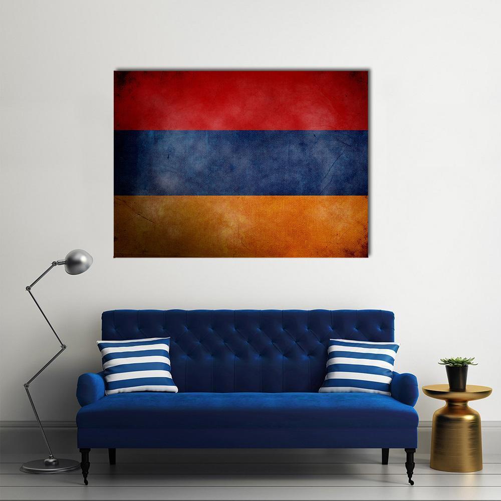 Grunge Armenian Flag Canvas Wall Art in red, orange and blue, single panel hung on a wall