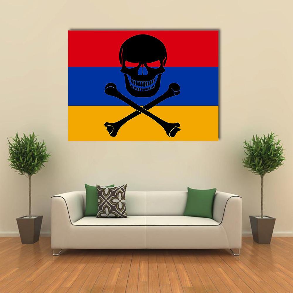 Armenian Flag with Skull and Crossbones Canvas Wall Art in red, yellow and blue, single panel hung on a wall
