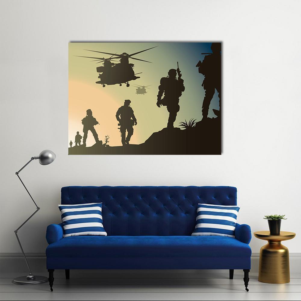 Soldiers and Twin Helicopters at Dusk Canvas Wall Art in black, orange and yellow, single panel hung on a wall