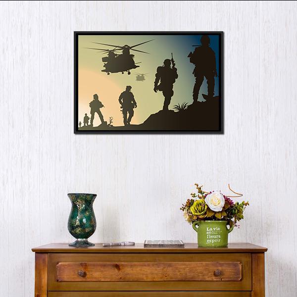 Army Soldiers with Three Helicopters at Dusk Canvas Wall Art in black, yellow and blue, framed canvas, product view on a white background