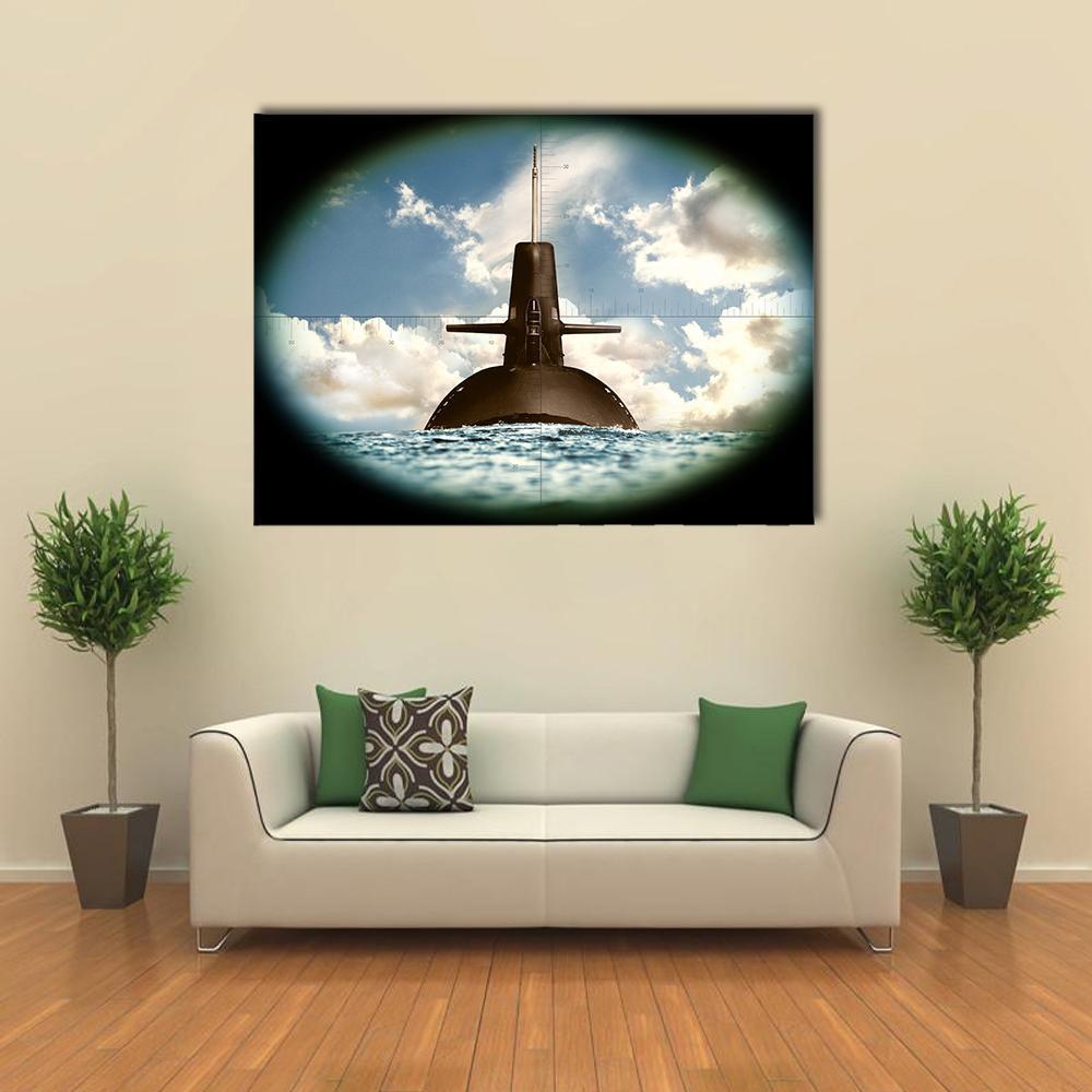 Periscope View of Surfacing Submarine Canvas Wall Art in black, white and blue, single panel hung on a wall