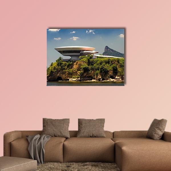 Niterói Contemporary Museum Over Guanabara Bay Canvas Wall Art in brown, green and blue, single panel hung on a wall