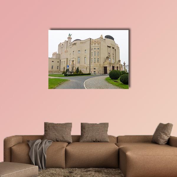 Nouveau State Theater Facade with Curved Entrance Canvas Wall Art in white, gray and beige, single panel hung on a wall