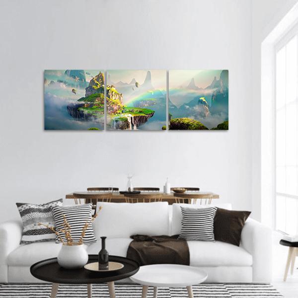 Fantasy Floating Islands with Village and Waterfall Panoramic Canvas Wall Art in gray, green and blue, hung on a wall