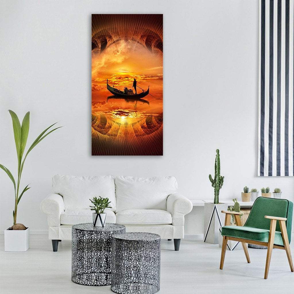 Gondolier Silhouette at Golden Sunset Vertical Canvas Wall Art in gold, orange and yellow, single vertical panel hung on a wall