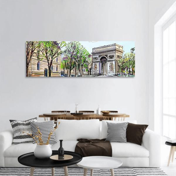 Paris Street with Arc De Triomphe Panoramic Canvas Wall Art in white, beige and green, hung on a wall
