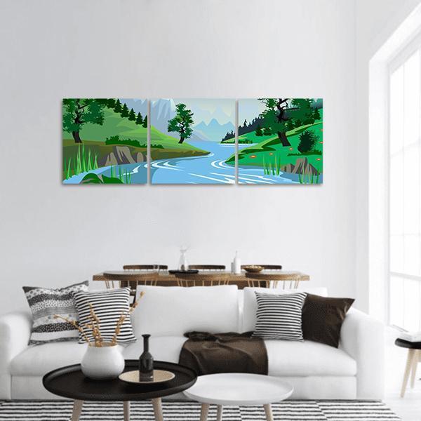 River Through a Valley Panoramic Canvas Wall Art in green and blue, hung on a wall
