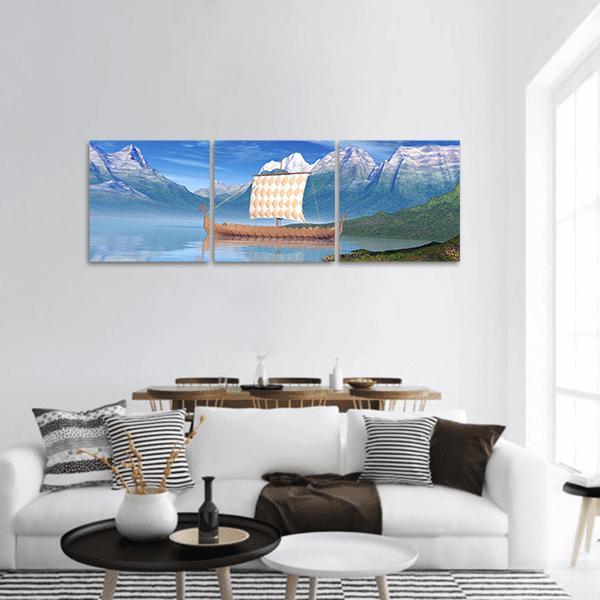 Viking Ship Painting Panoramic Canvas Wall Art-3 Piece-25" x 08"-Tiaracle