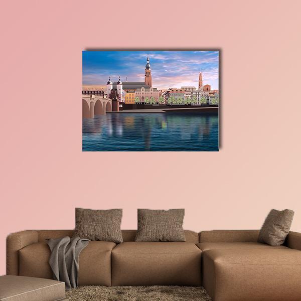 Heidelberg Sunset Over River and Bridge Canvas Wall Art in orange, blue and pink, single panel hung on a wall