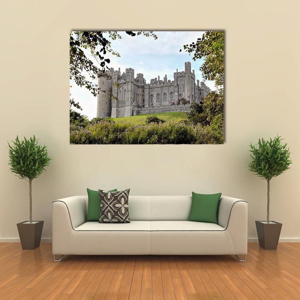 Arundel Castle Framed by Trees Canvas Wall Art in white, gray and green, single panel hung on a wall