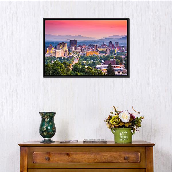 Asheville Skyline at Dusk Canvas Wall Art in green, blue and pink, framed canvas, product view on a white background