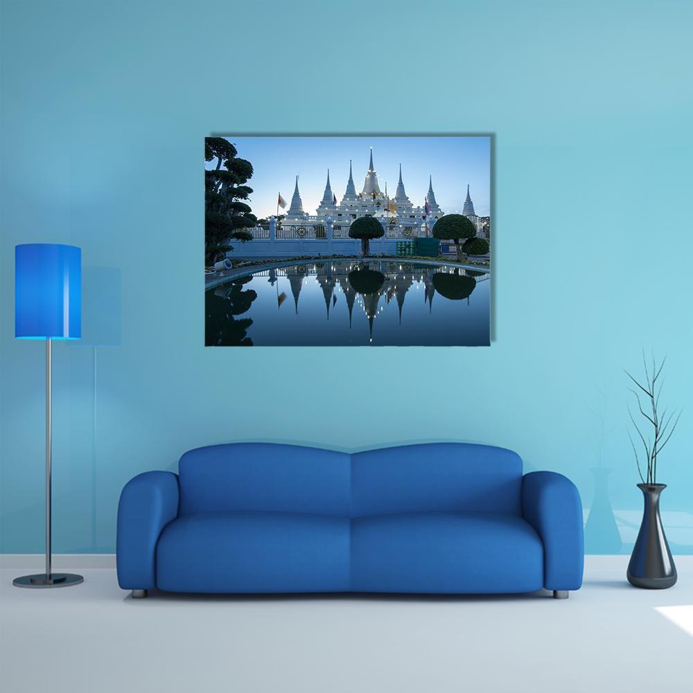 Asokaram Temple Canvas Wall Art in black, white and blue, single panel hung on a wall