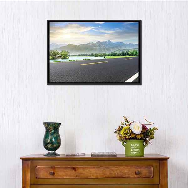 Asphalt Highway With Nature Canvas Wall Art-1 Piece-Floating Frame-24" x 16"-Tiaracle