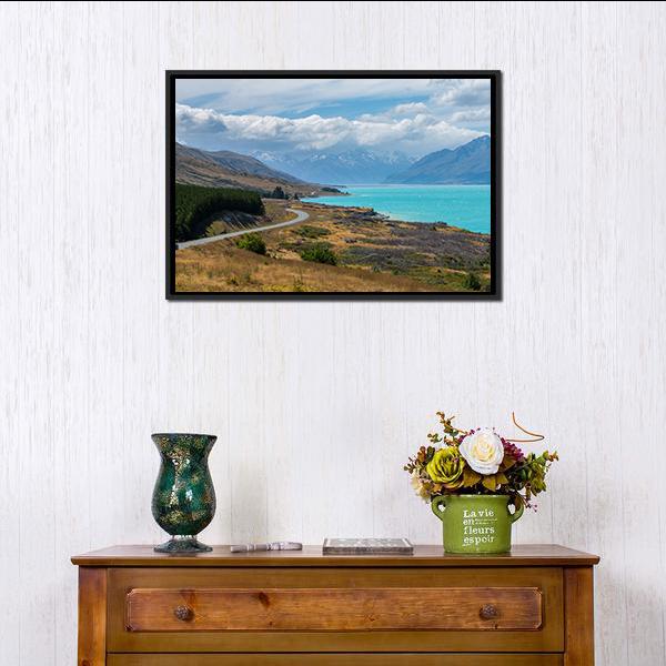 Asphalt Road Along Lake Pukaki Canvas Wall Art-1 Piece-Floating Frame-24" x 16"-Tiaracle