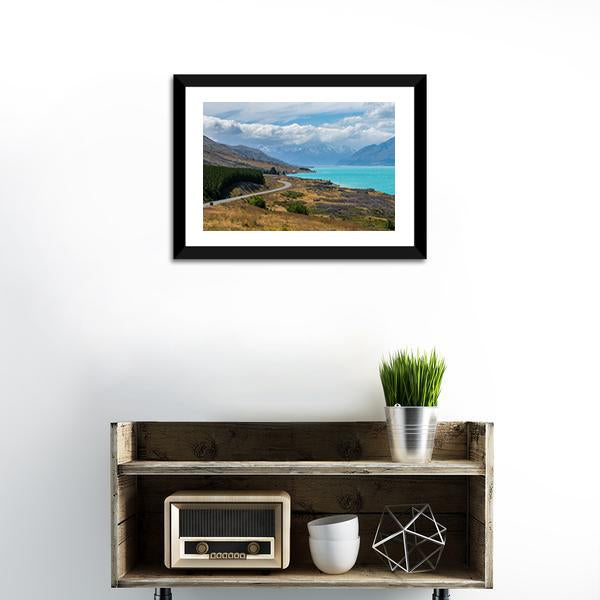 Asphalt Road Along Lake Pukaki Canvas Wall Art-1 Piece-Framed Print-20" x 16"-Tiaracle
