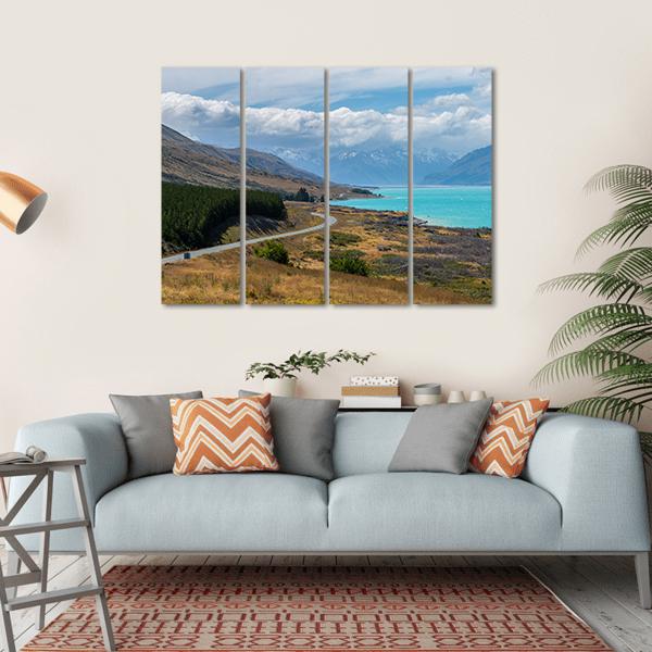 Asphalt Road Along Lake Pukaki Canvas Wall Art-4 Horizontal-Gallery Wrap-34" x 24"-Tiaracle