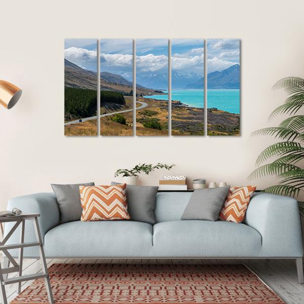 Asphalt Road Along Lake Pukaki Canvas Wall Art-5 Horizontal-Gallery Wrap-22" x 12"-Tiaracle